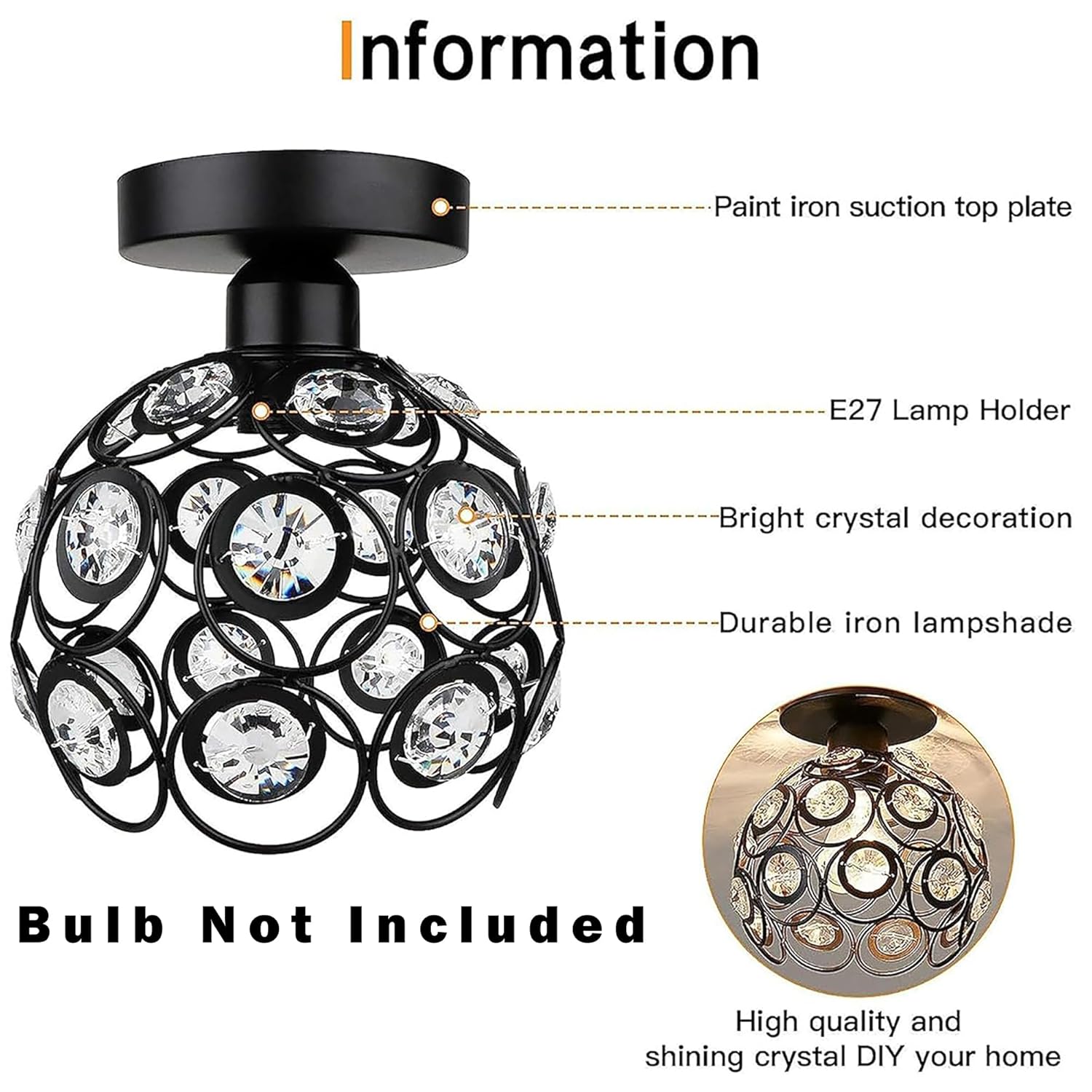 Modern Mini Chandelier Lamp, Crystal Ceiling Light, Semi-Flush Mount Corridor Lights Lamp for Bedroom Black