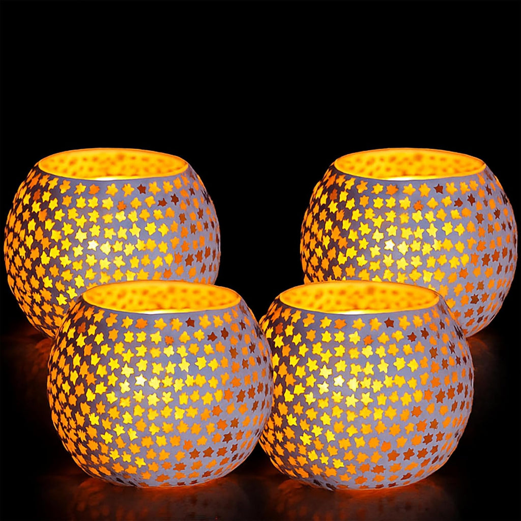 Handmade Multi-Star Mosaic Glass Tealight Candle Holders Set of 4 for Home Décor | Decorative Diwali Lights | Festive Table Centerpiece for Christmas & New Year