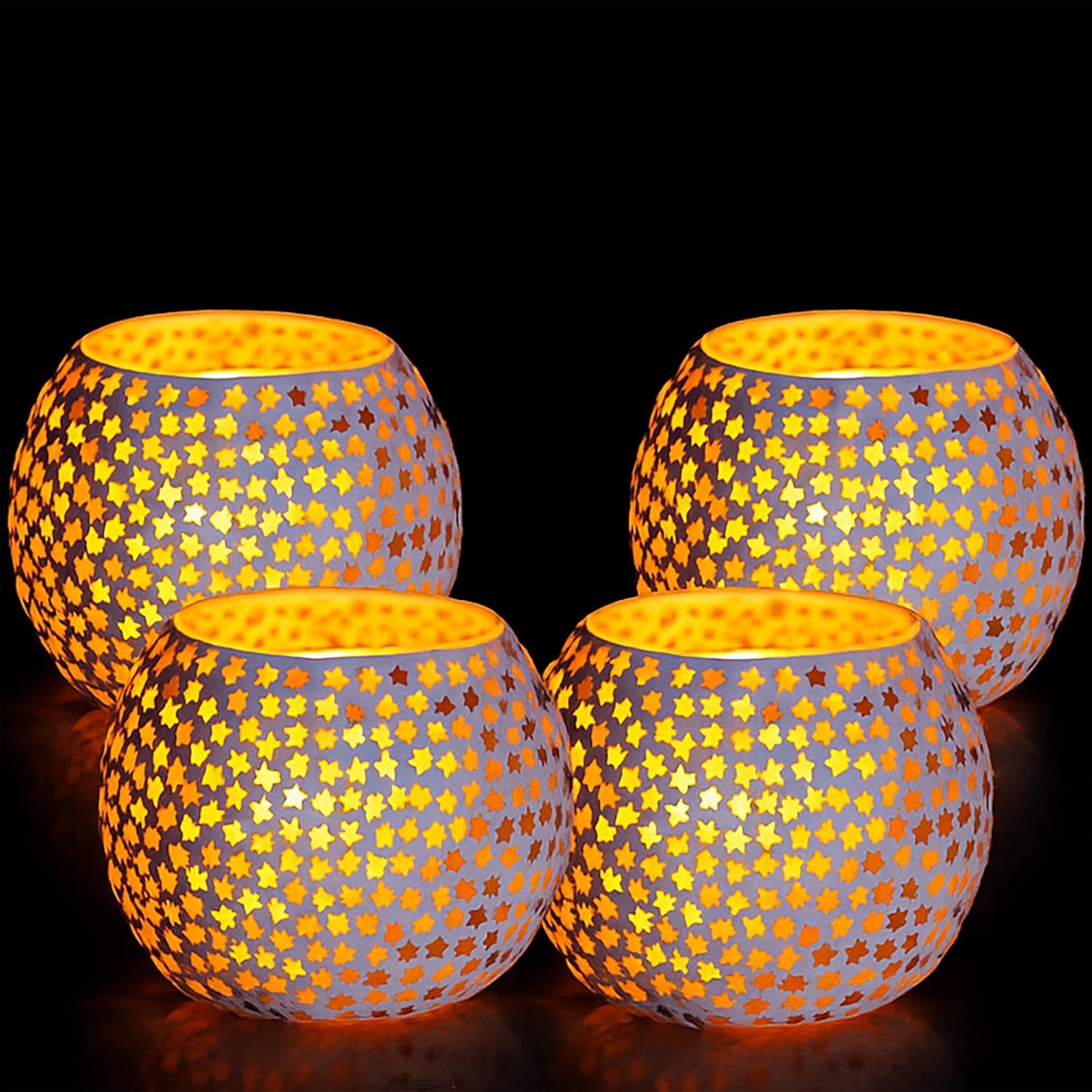 Handmade Multi-Star Mosaic Glass Tealight Candle Holders Set of 4 for Home Décor | Decorative Diwali Lights | Festive Table Centerpiece for Christmas & New Year
