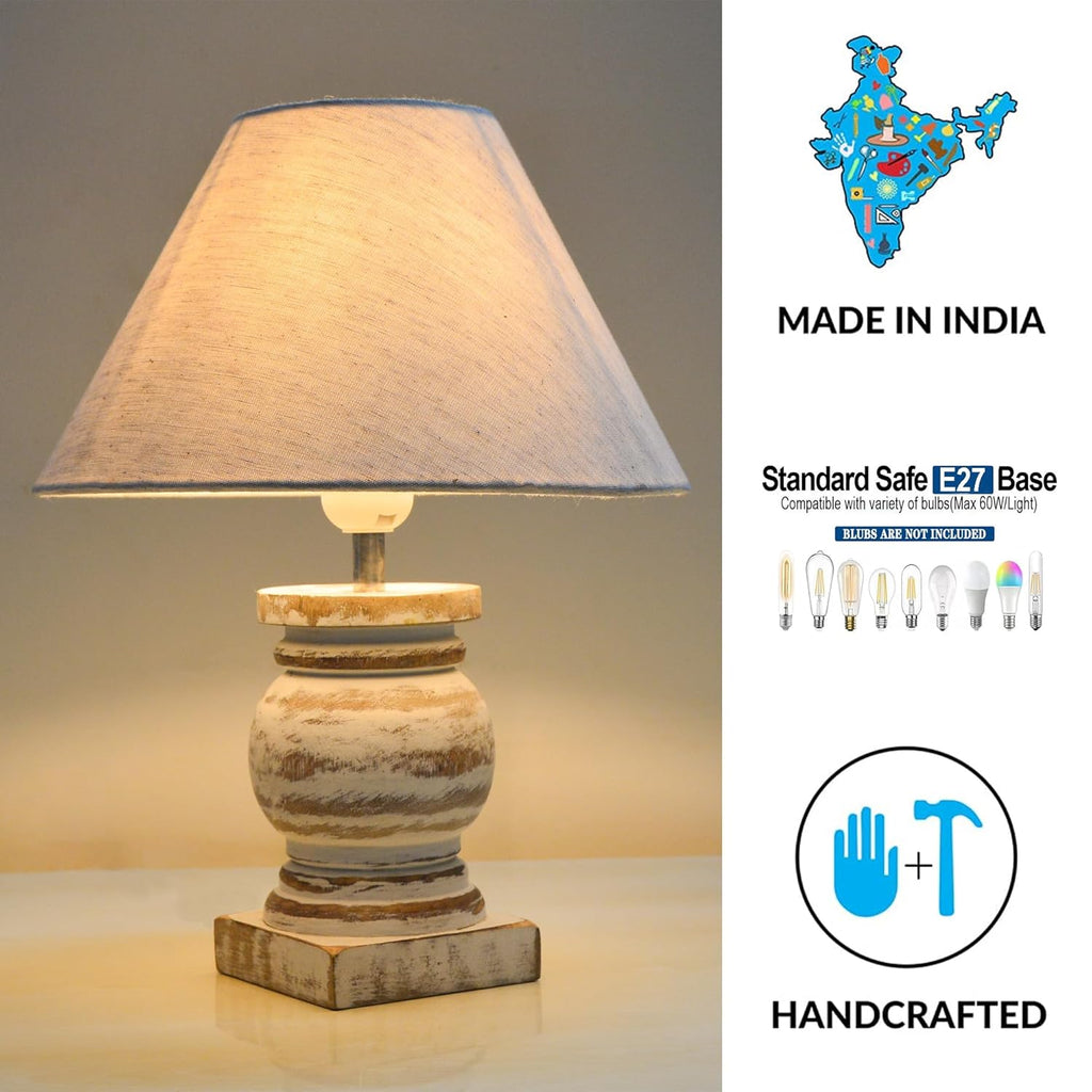 Antique White French Trophy Table Lamp for Bedroom Living Room Simple Retro Wood Grain Farmhouse Bedside Lamp Suitable for Nightstand Children's Room or University Dormitory Khadi