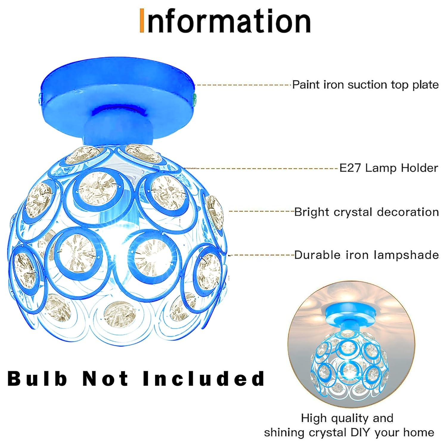 Modern Mini Chandelier Lamp, Crystal Ceiling Light, Semi-Flush Mount Corridor Lights Lamp for Bedroom Turquoise