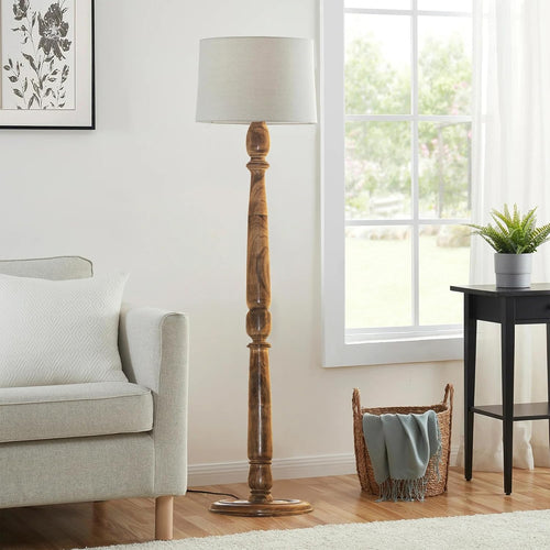Classic Chic Vintage Stand Floor Lamp with Multicolor Taper Lamp Shade | Light Decoration for Home | Living Room & Bedroom Bedside Floor Lamp | Wooden Floor Lamp Round Rim Jute