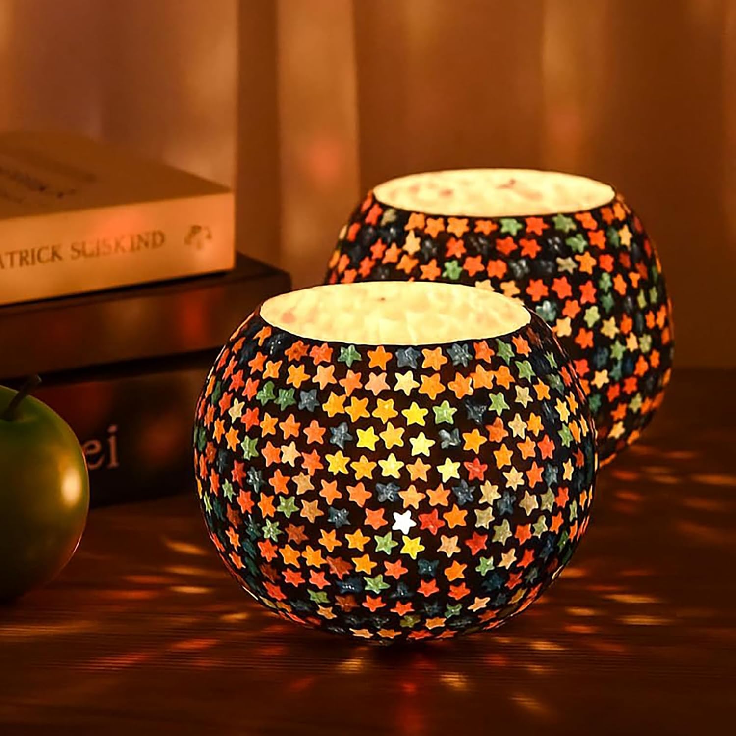 Handmade Multi-Star Mosaic Glass Tealight Candle Holders Set of 2 for Home Décor | Decorative Diwali Lights | Festive Table Centerpiece for Christmas & New Year