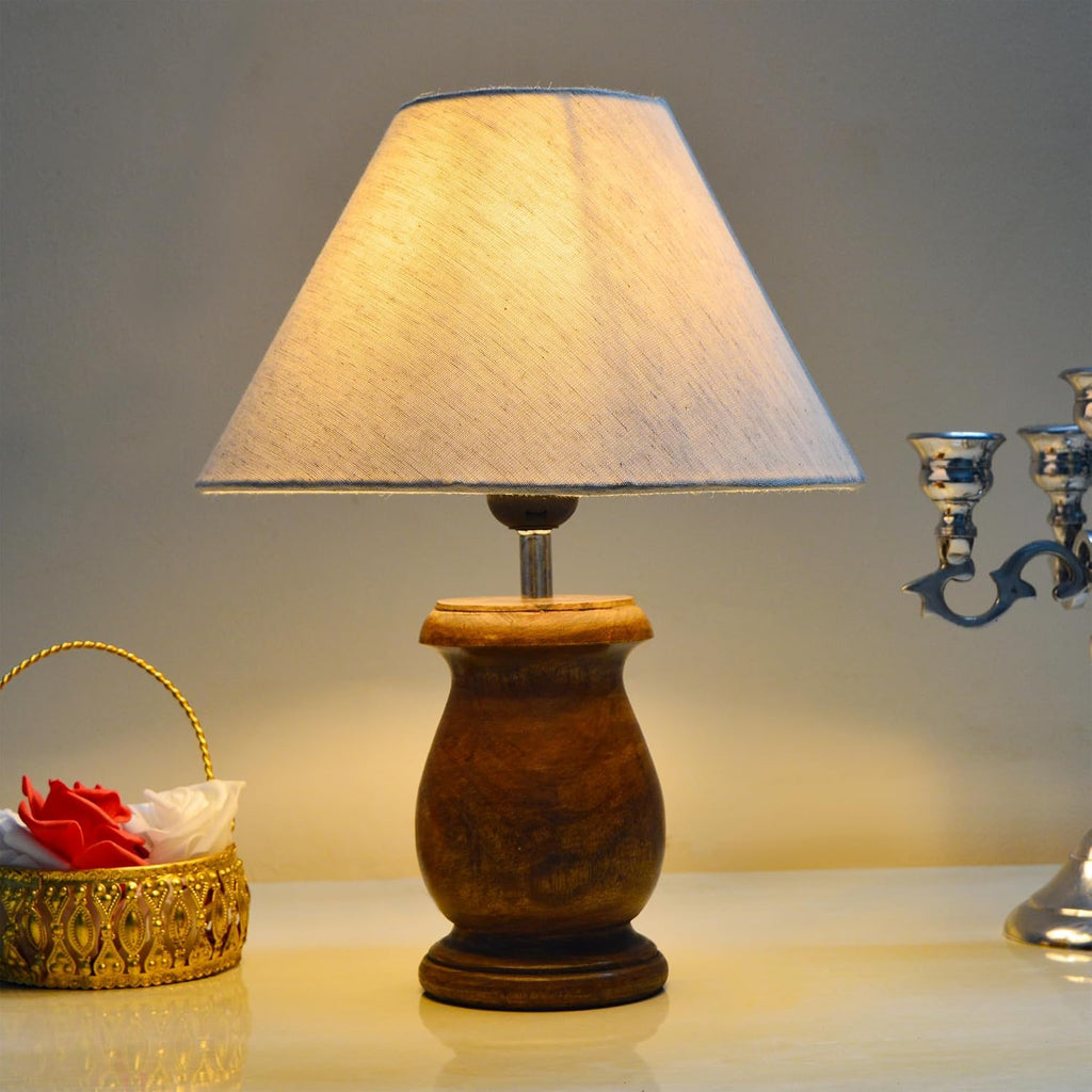 Mid Century Single Table Lamp for Living Room Farmhouse Linen Bedside Lamps for Bedroom Kids Room Dorm Office Dowel Walnut Khadi