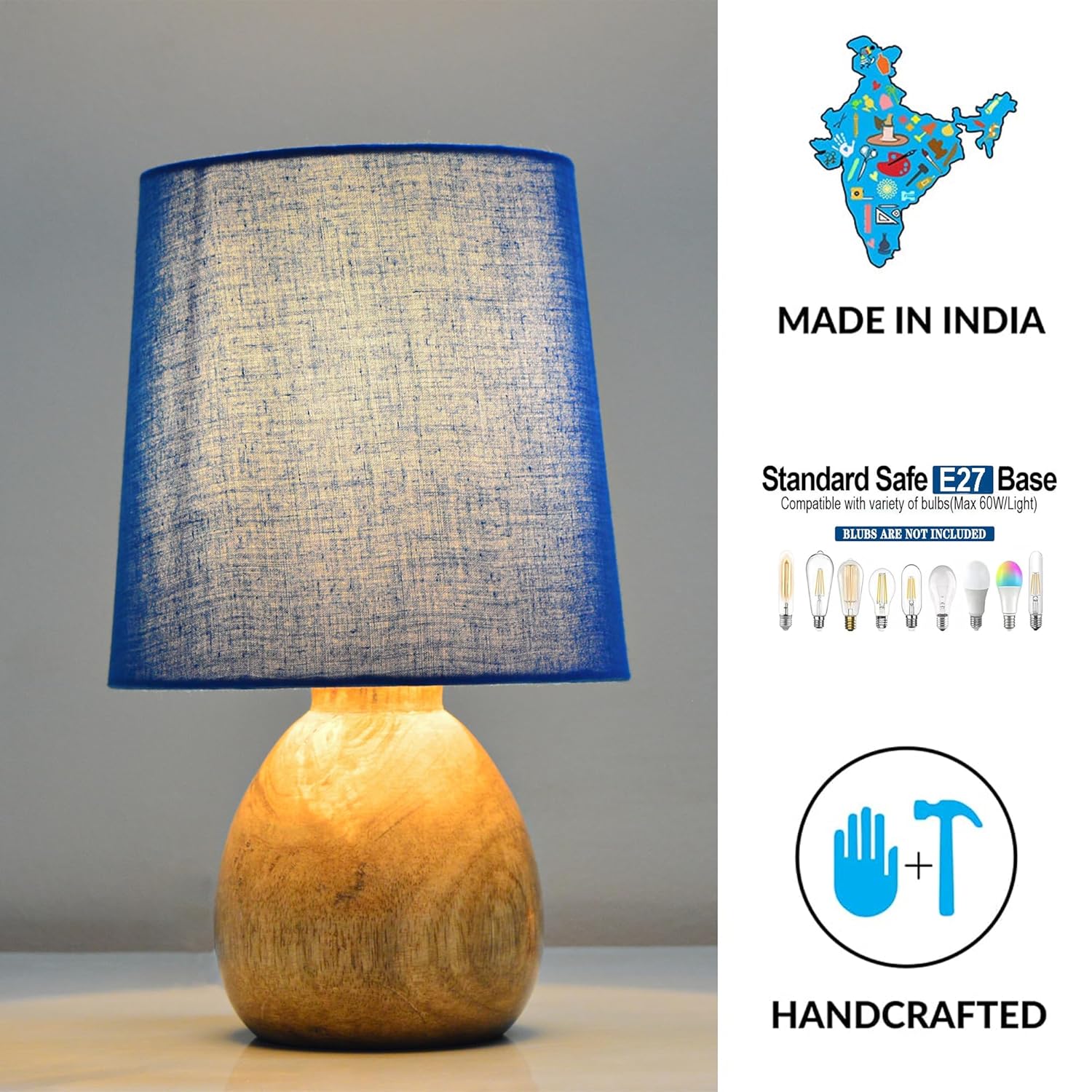 Cute Dowel Pot Wooden Table Lamp for Bedroom, Small Table Lamp Farmhouse Rustic Lamp Set Bedside Table Lamps for Nightstand Side Table Lamps for Living Room for Bedroom, Home Office, Living Room, Kids Dorm Blue