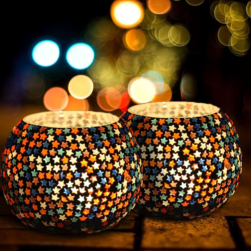 Handmade Multi-Star Mosaic Glass Tealight Candle Holders Set of 2 for Home Décor | Decorative Diwali Lights | Festive Table Centerpiece for Christmas & New Year