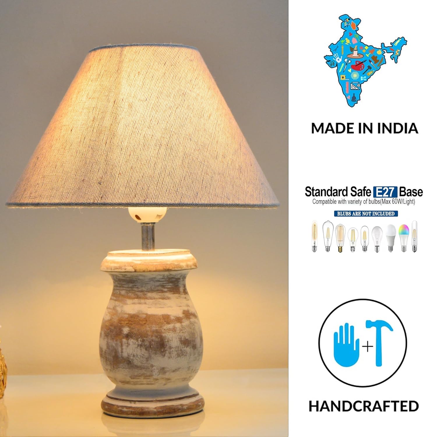 Dowel Antique White Mid Century Single Table Lamp for Living Room Farmhouse Linen Bedside Lamps for Bedroom Kids Room Dorm Office Jute