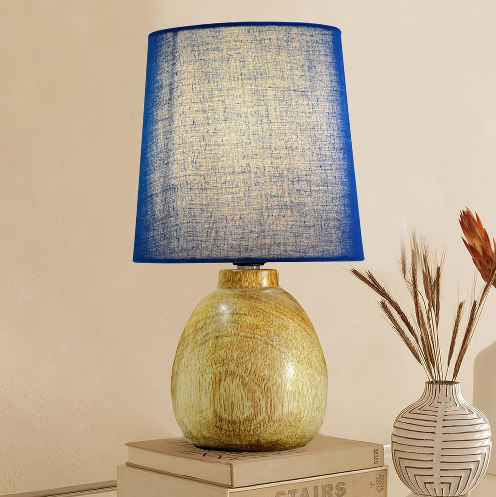 Cute Dowel Pot Wooden Table Lamp for Bedroom, Small Table Lamp Farmhouse Rustic Lamp Set Bedside Table Lamps for Nightstand Side Table Lamps for Living Room for Bedroom, Home Office, Living Room, Kids Dorm Blue