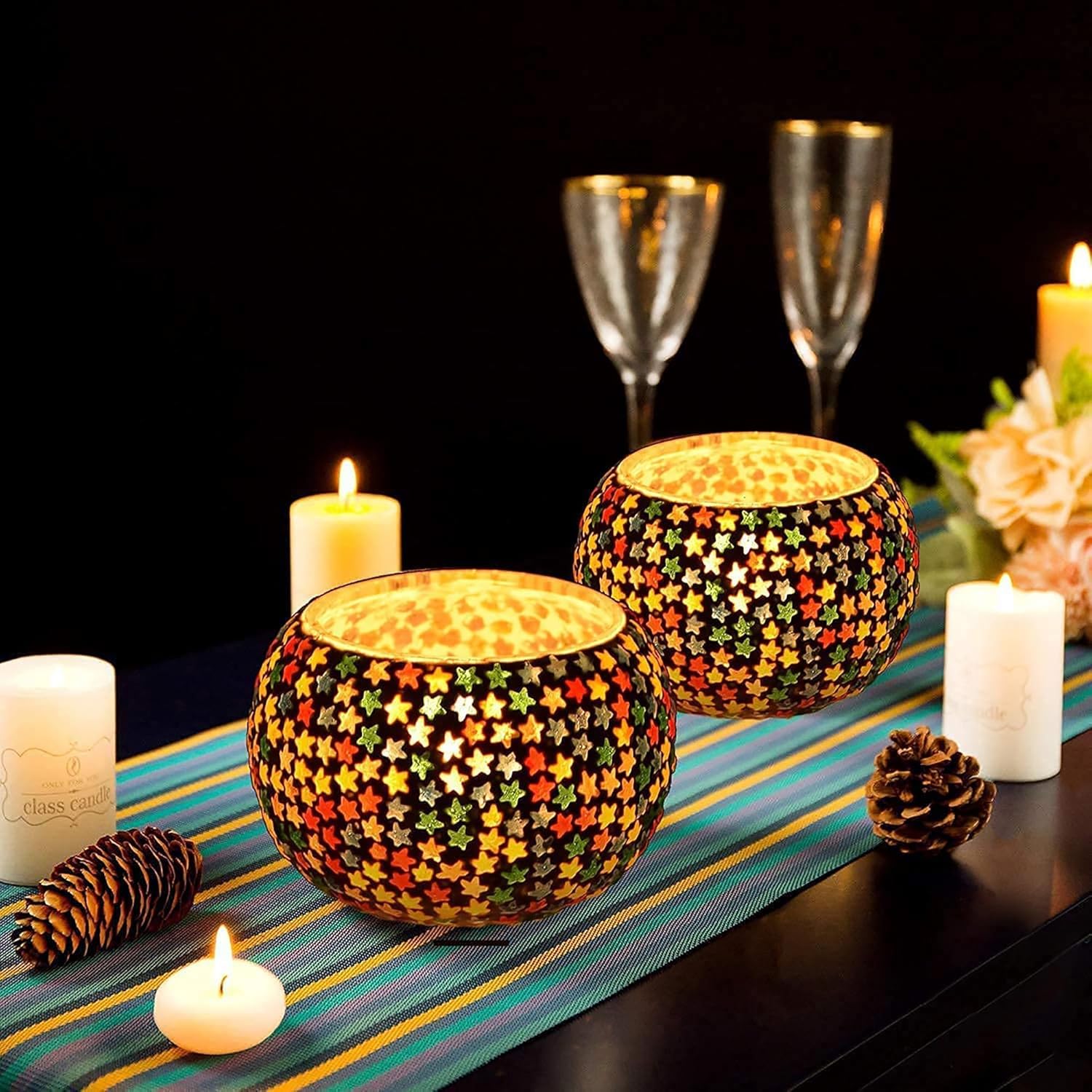 Handmade Multi-Star Mosaic Glass Tealight Candle Holders Set of 2 for Home Décor | Decorative Diwali Lights | Festive Table Centerpiece for Christmas & New Year