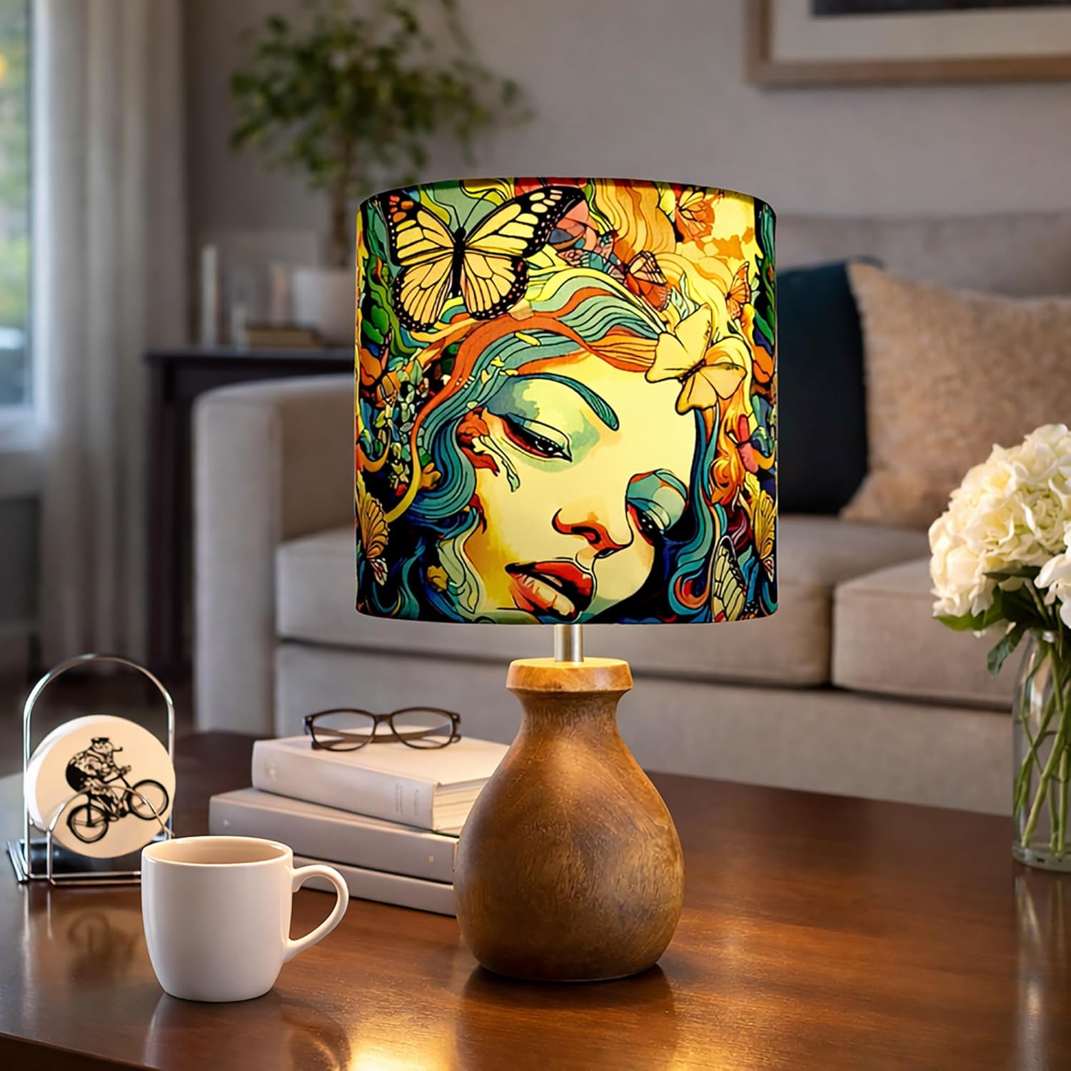 Mini Farmhouse Wooden Dome Dowel Pot Table Lamps Vintage Small Lamps Decorative for Small Spaces Bedside Lamps Suitable for Nightstand Children's Room or University Dormitory Butterflies