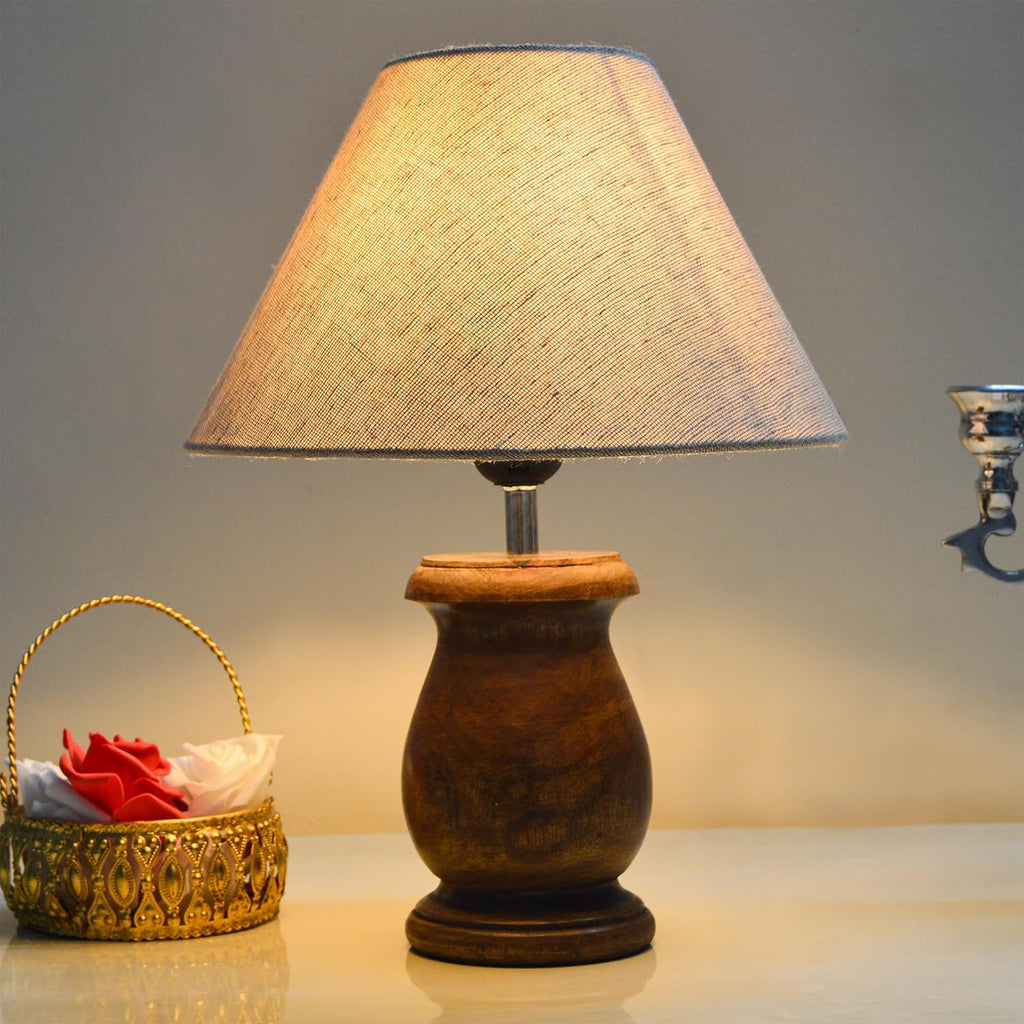 Mid Century Single Table Lamp for Living Room Farmhouse Linen Bedside Lamps for Bedroom Kids Room Dorm Office Dowel Walnut Jute