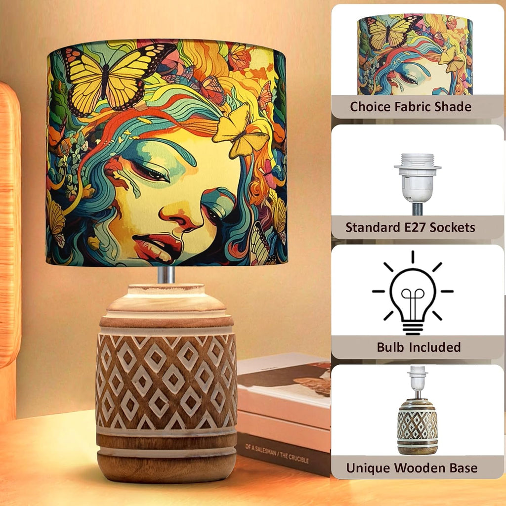 Antique Carved Cylinder Wood Table Lamp Wooden Nightstand Lamp Kids Table Lamp for Bedroom Kids Bedside Cartoon Nursery Lamp with Shade Butterflies