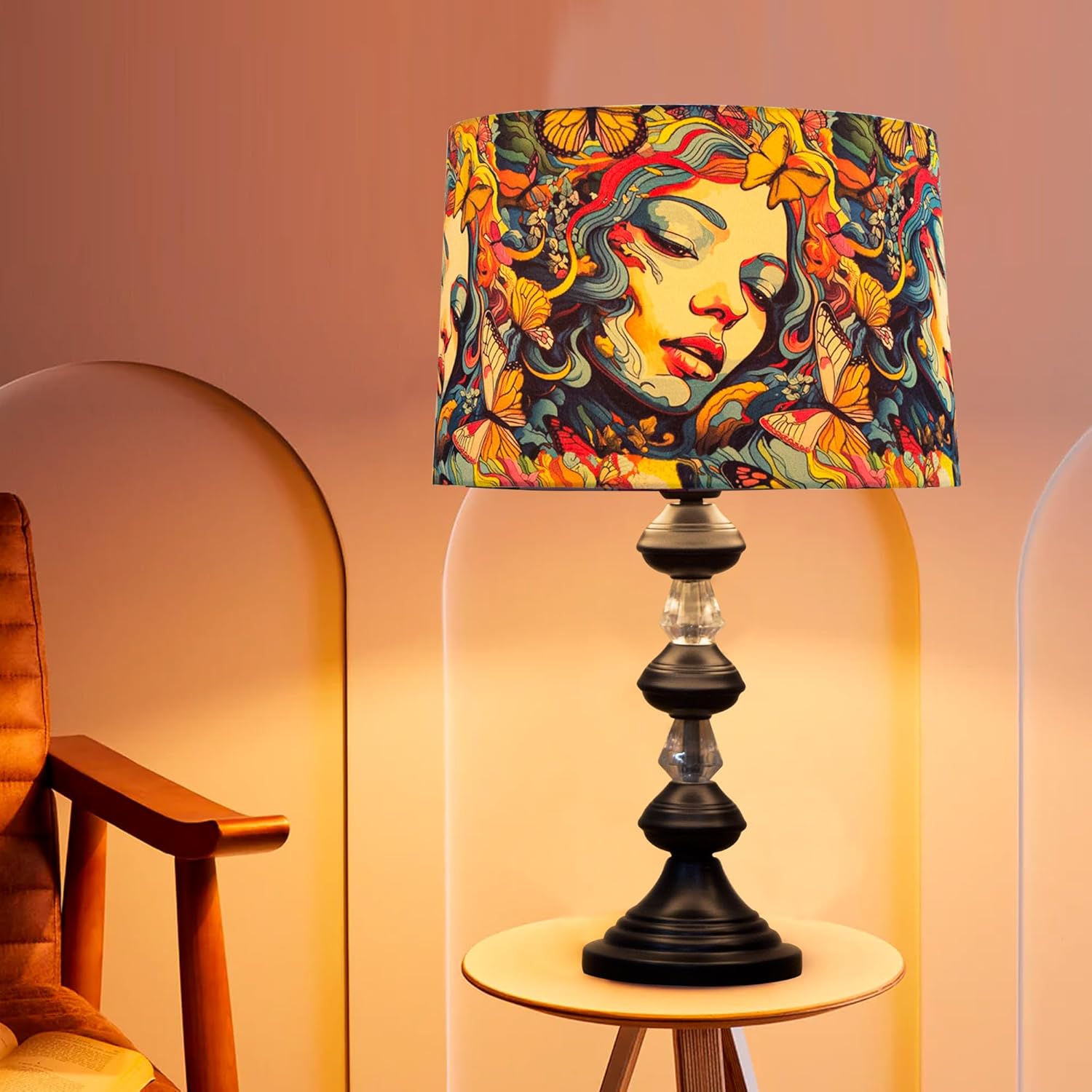 Nordic Waterdrop Black Crystal Table Lamp – Matte Finish with Butterfly Print Shade | Bedside Night Light for Bedroom, Living Room, Hallway & Home Décor | Stylish Modern Accent Lamp