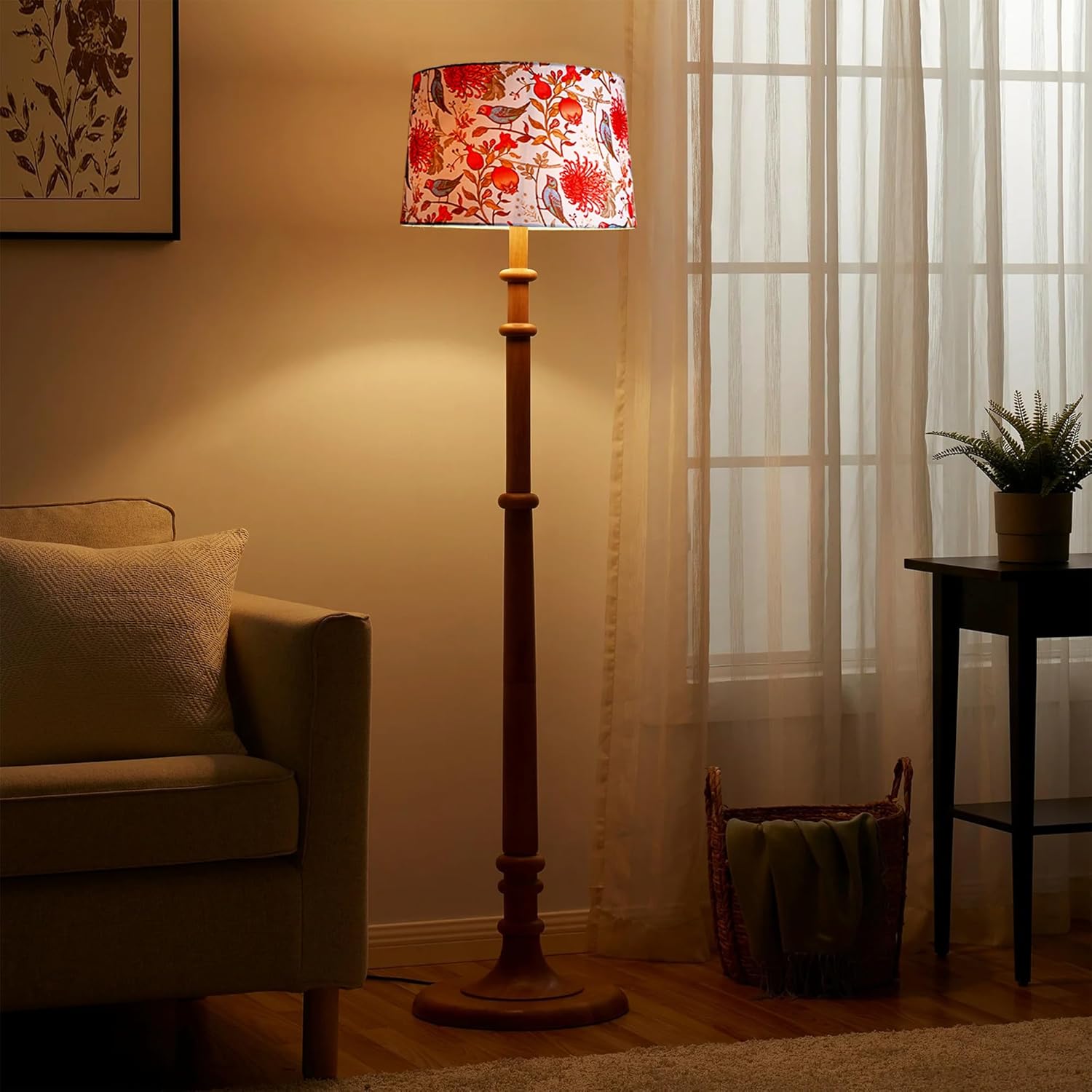 Decorcity Rustic Walnut Brown Wood Floor Lamp with Multicolor Fabric Shade | Antique Candlestick Tripod Design | Tall Standing Lamp for Bedroom Living Room Study Corner Home Decor (Tulib Palm Bird)