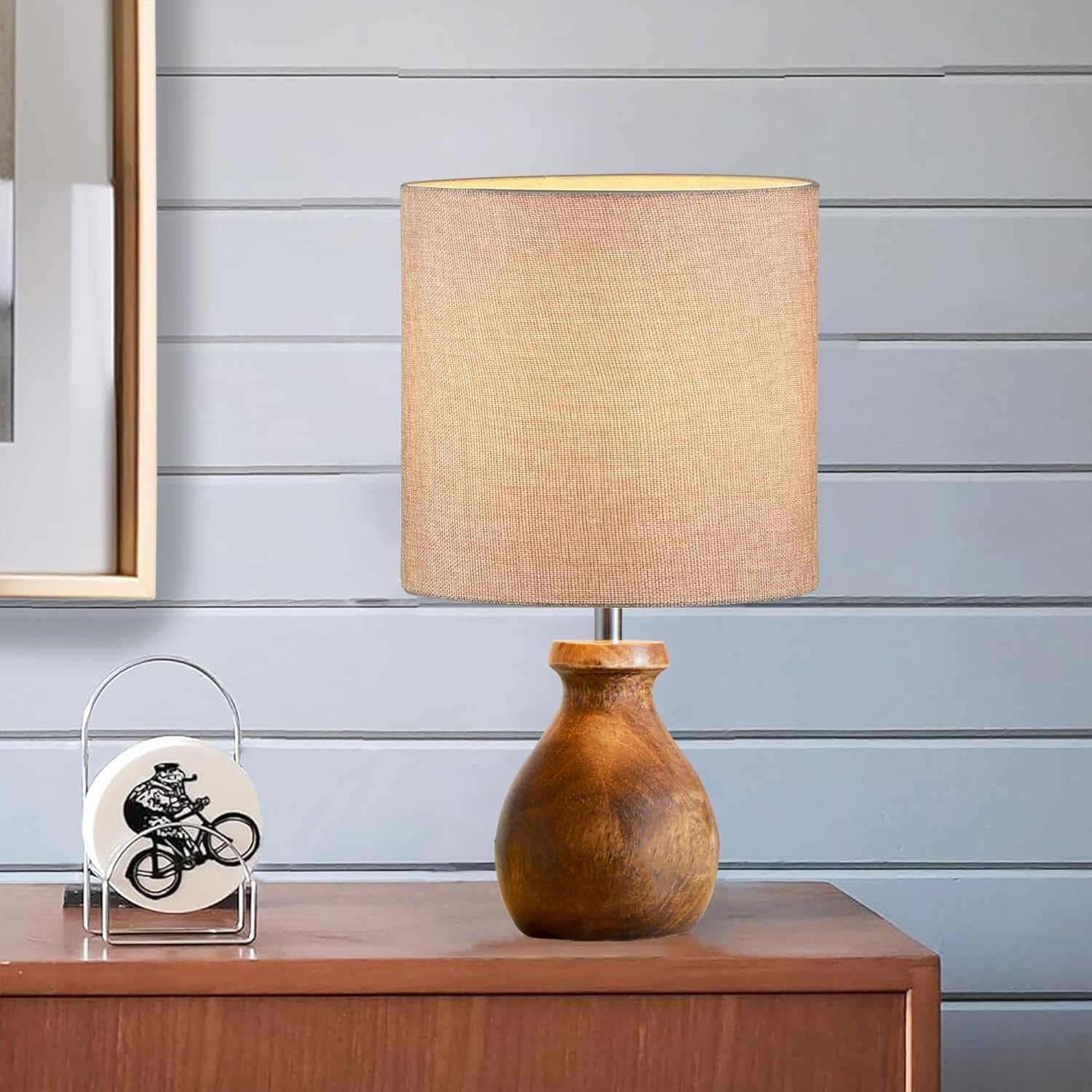 Mini Farmhouse Wooden Dome Dowel Pot Table Lamps Vintage Small Lamps Decorative for Small Spaces Bedside Lamps Suitable for Nightstand Children's Room or University Dormitory Jute