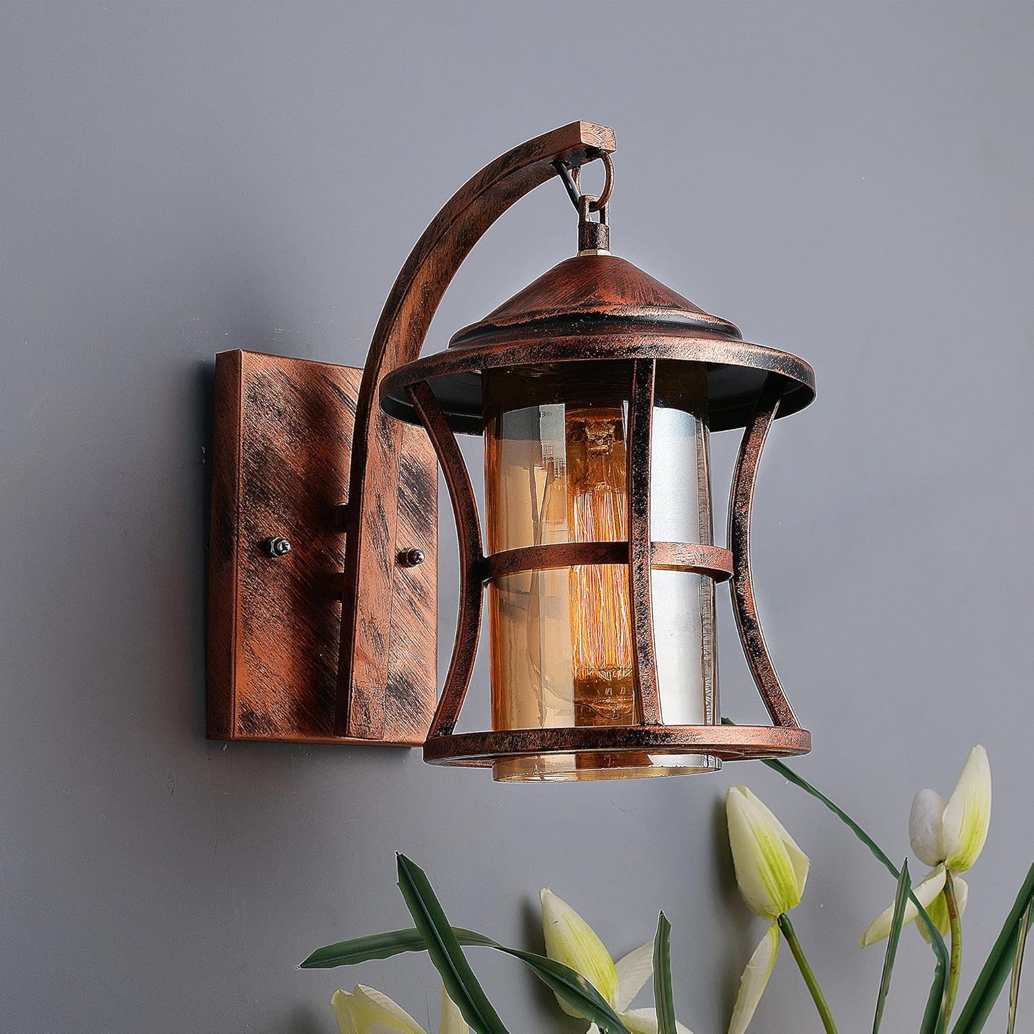 Wall Sconce,Oil Rubbed Bronze Wall Sconces,Retro Rustic Wall Lamps,Sconces Wall Lighting with Amber Glass,Indoor Vintage Bedside Wall Lighting for Living Room Bathroom Copper Home