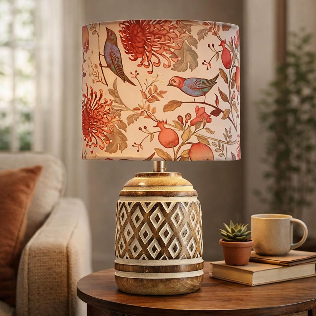 Antique Carved Cylinder Wood Table Lamp Wooden Nightstand Lamp Kids Table Lamp for Bedroom Kids Bedside Cartoon Nursery Lamp with Shade Bird