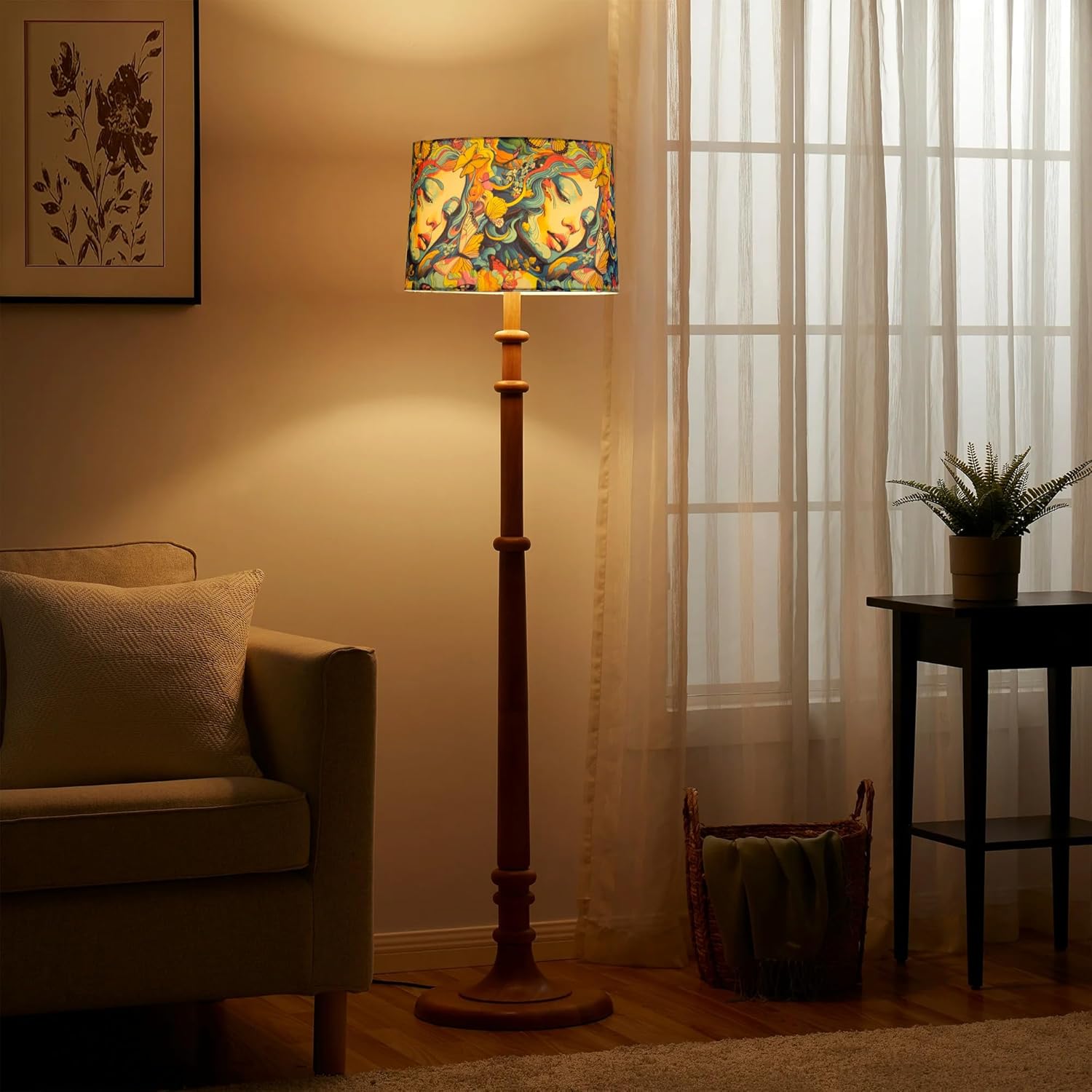 Decorcity Rustic Walnut Brown Wood Floor Lamp | Multicolor Fabric Shade Antique Style | Tall 138 cm Candlestick Tripod Light for Living Room Bedroom Corner Décor | Tulib Butterflies