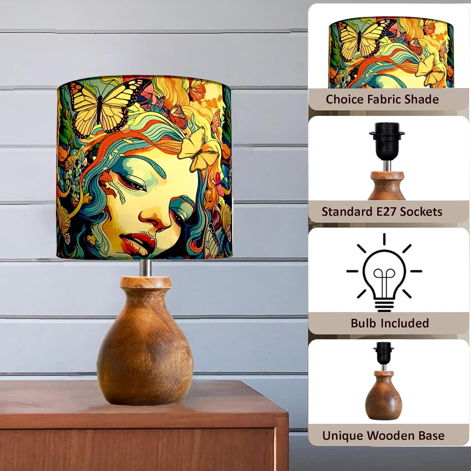 Mini Farmhouse Wooden Dome Dowel Pot Table Lamps Vintage Small Lamps Decorative for Small Spaces Bedside Lamps Suitable for Nightstand Children's Room or University Dormitory Butterflies