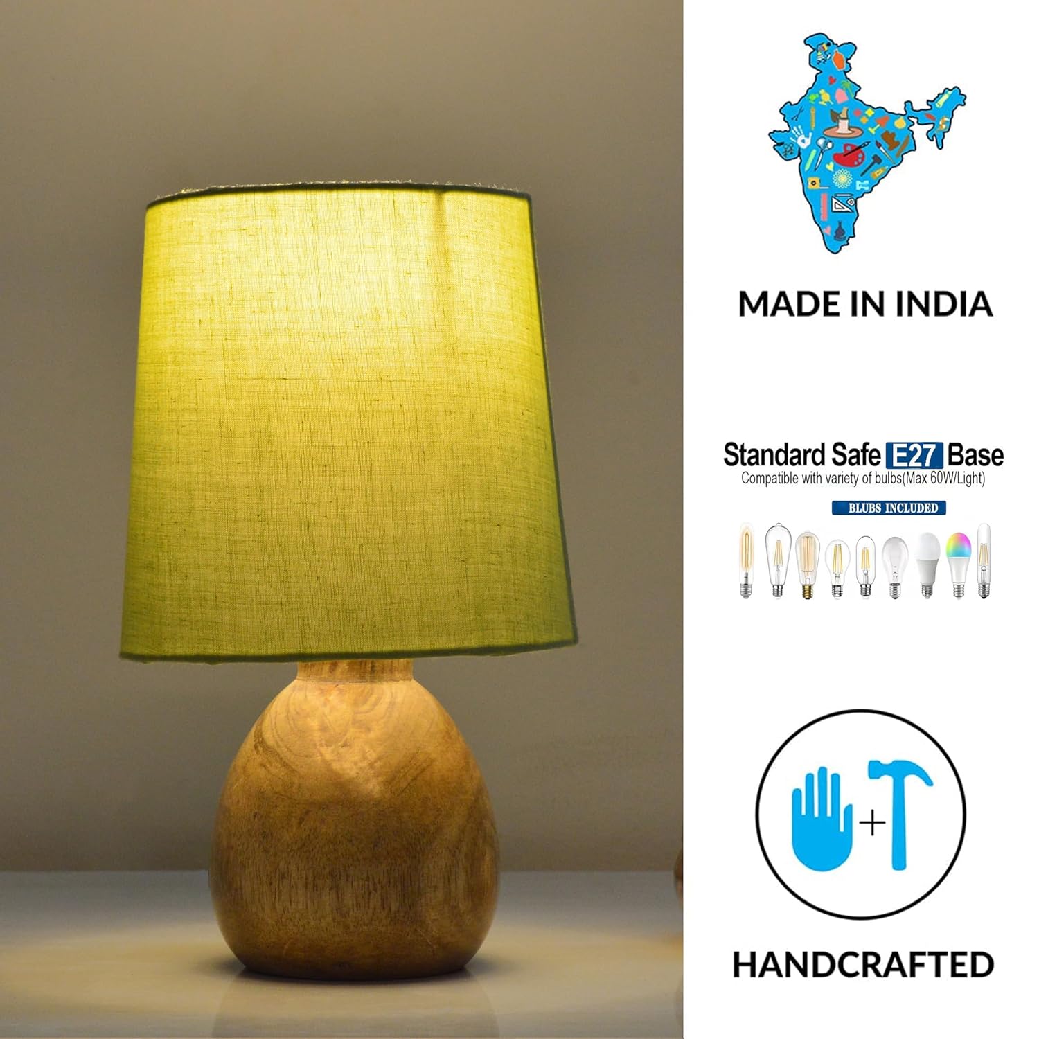 Cute Dowel Pot Wooden Table Lamp for Bedroom, Small Table Lamp Farmhouse Rustic Lamp Set Bedside Table Lamps for Nightstand Side Table Lamps for Living Room for Bedroom, Home Office, Living Room, Kids Dorm Green