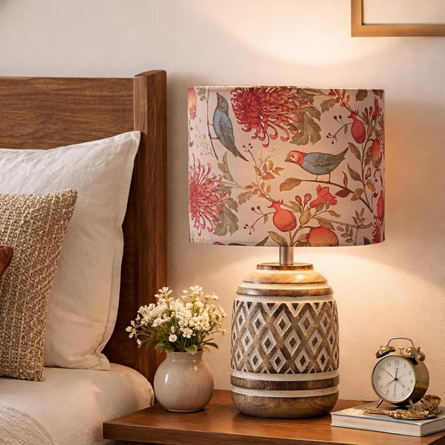 Antique Carved Cylinder Wood Table Lamp Wooden Nightstand Lamp Kids Table Lamp for Bedroom Kids Bedside Cartoon Nursery Lamp with Shade Bird