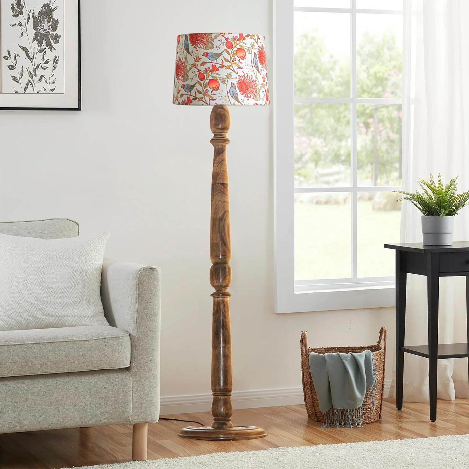 Classic Chic Vintage Stand Floor Lamp with Multicolor Taper Lamp Shade | Light Decoration for Home | Living Room & Bedroom Bedside Floor Lamp | Wooden Floor Lamp Round Rim Bird