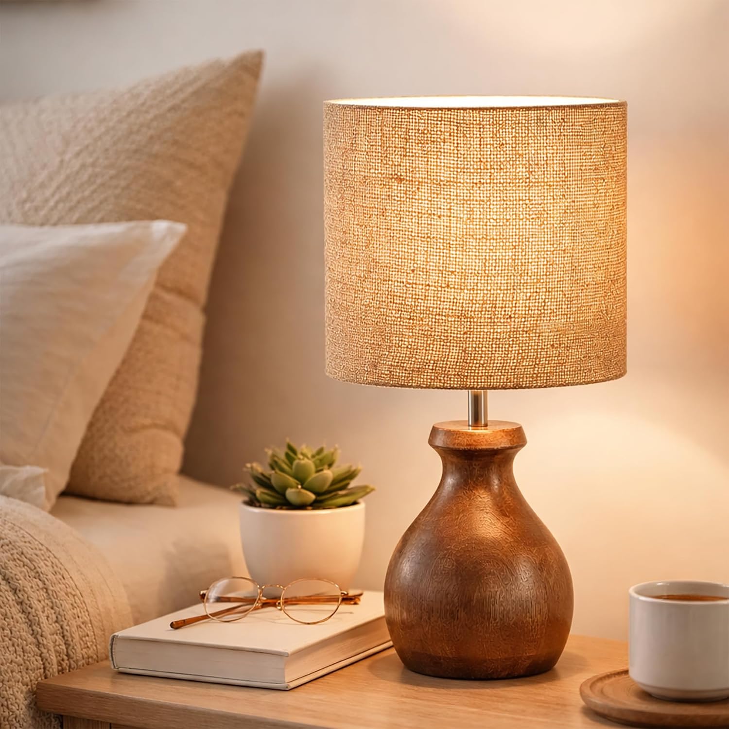 Mini Farmhouse Wooden Dome Dowel Pot Table Lamps Vintage Small Lamps Decorative for Small Spaces Bedside Lamps Suitable for Nightstand Children's Room or University Dormitory Jute