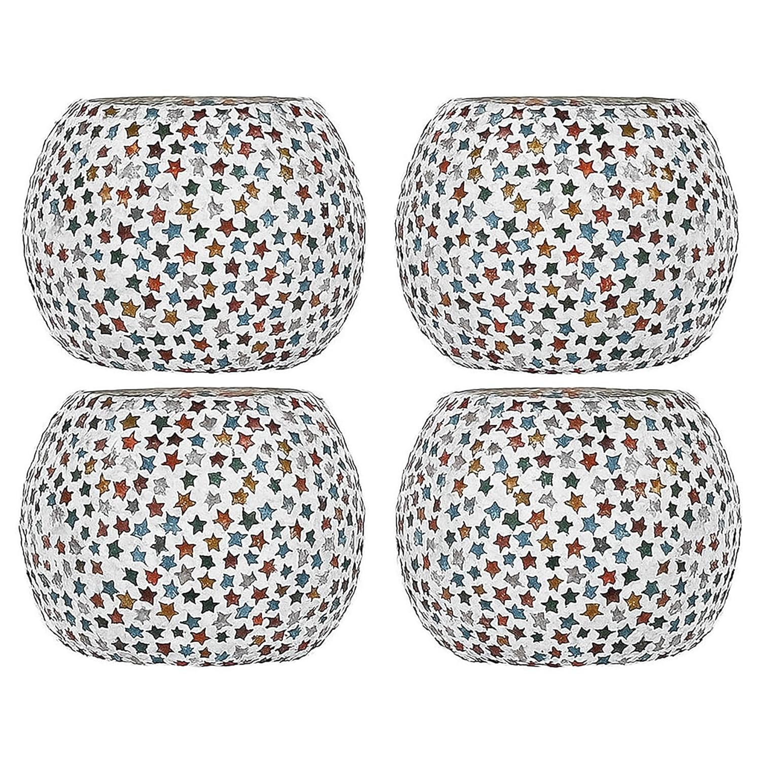 Handmade Multi-Star Mosaic Glass Tealight Candle Holders Set of 4 for Home Décor | Decorative Diwali Lights | Festive Table Centerpiece for Christmas & New Year