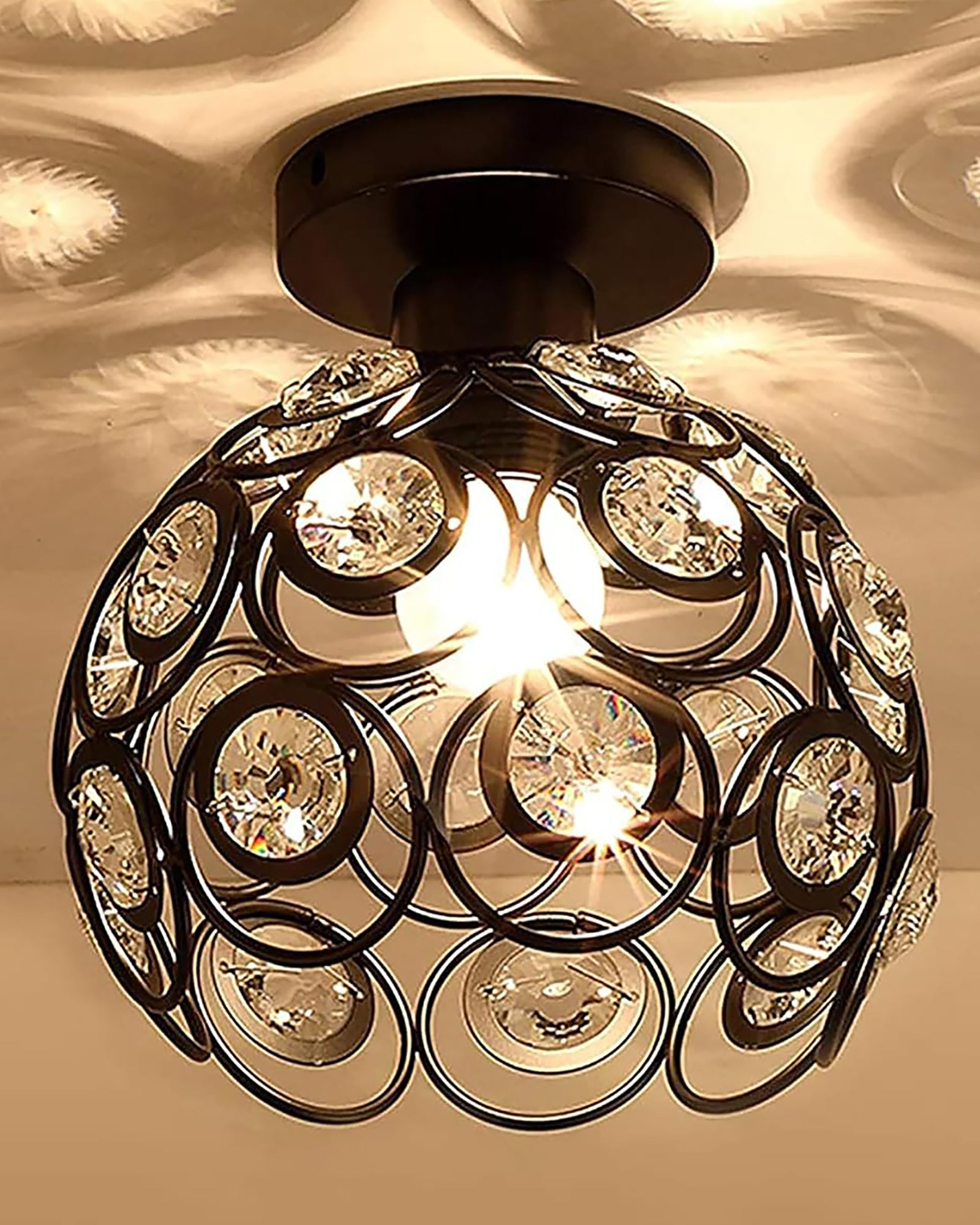 Modern Mini Chandelier Lamp, Crystal Ceiling Light, Semi-Flush Mount Corridor Lights Lamp for Bedroom Black
