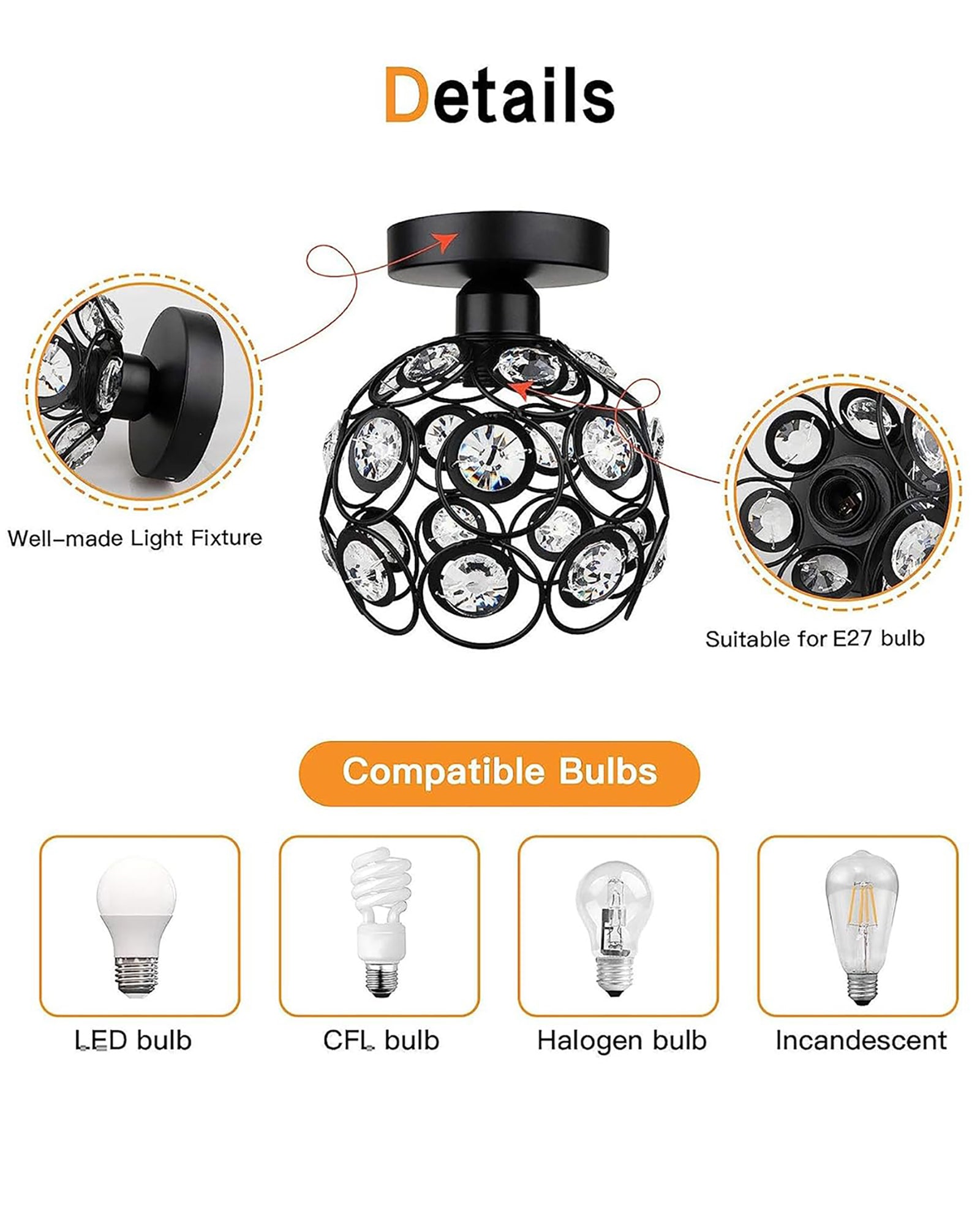 Modern Mini Chandelier Lamp, Crystal Ceiling Light, Semi-Flush Mount Corridor Lights Lamp for Bedroom Black