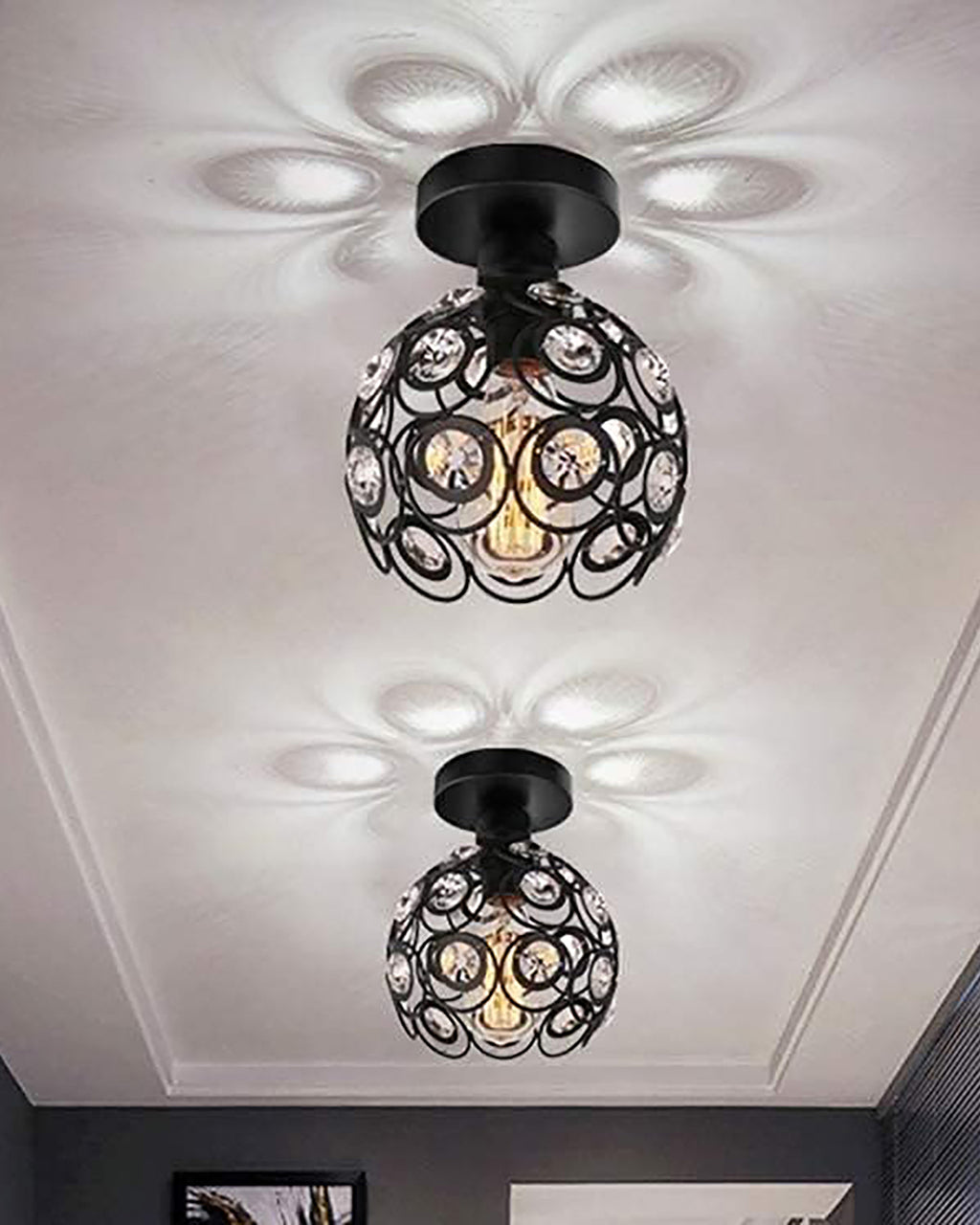 Modern Mini Chandelier Lamp, Crystal Ceiling Light, Semi-Flush Mount Corridor Lights Lamp for Bedroom Black