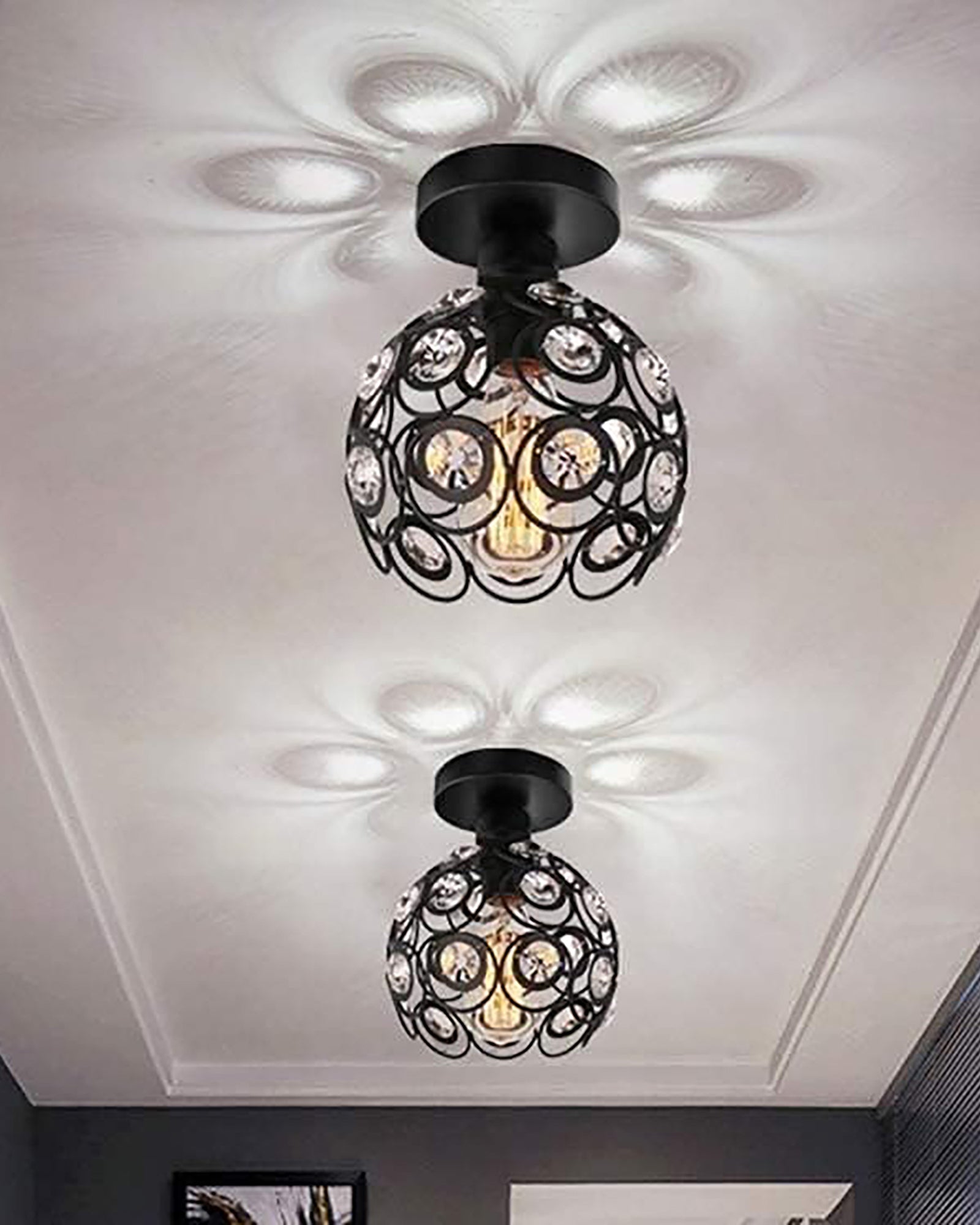 Modern Mini Chandelier Lamp, Crystal Ceiling Light, Semi-Flush Mount Corridor Lights Lamp for Bedroom Black