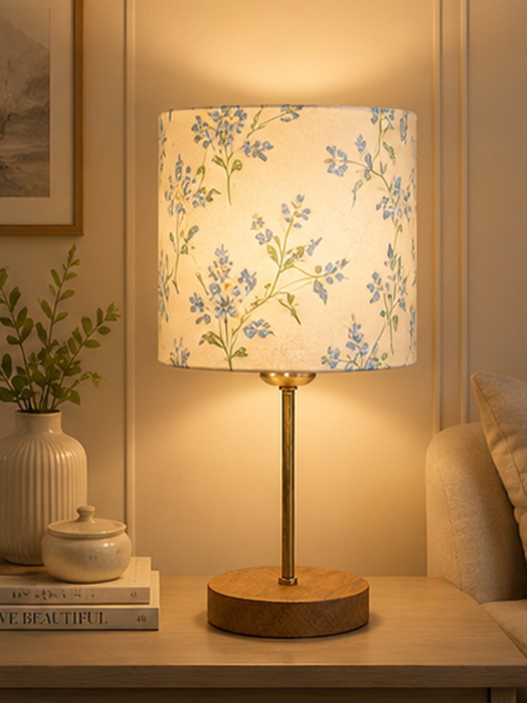 Decorcity Decorative Table Lamp for Bedroom, Living Room, Bedside & Office | Fabric Lampshade with Solid Wooden Base and Gold Polish Metal Stem | E27 LED Bulb Included | Modern Home Décor Lighting Butterflies