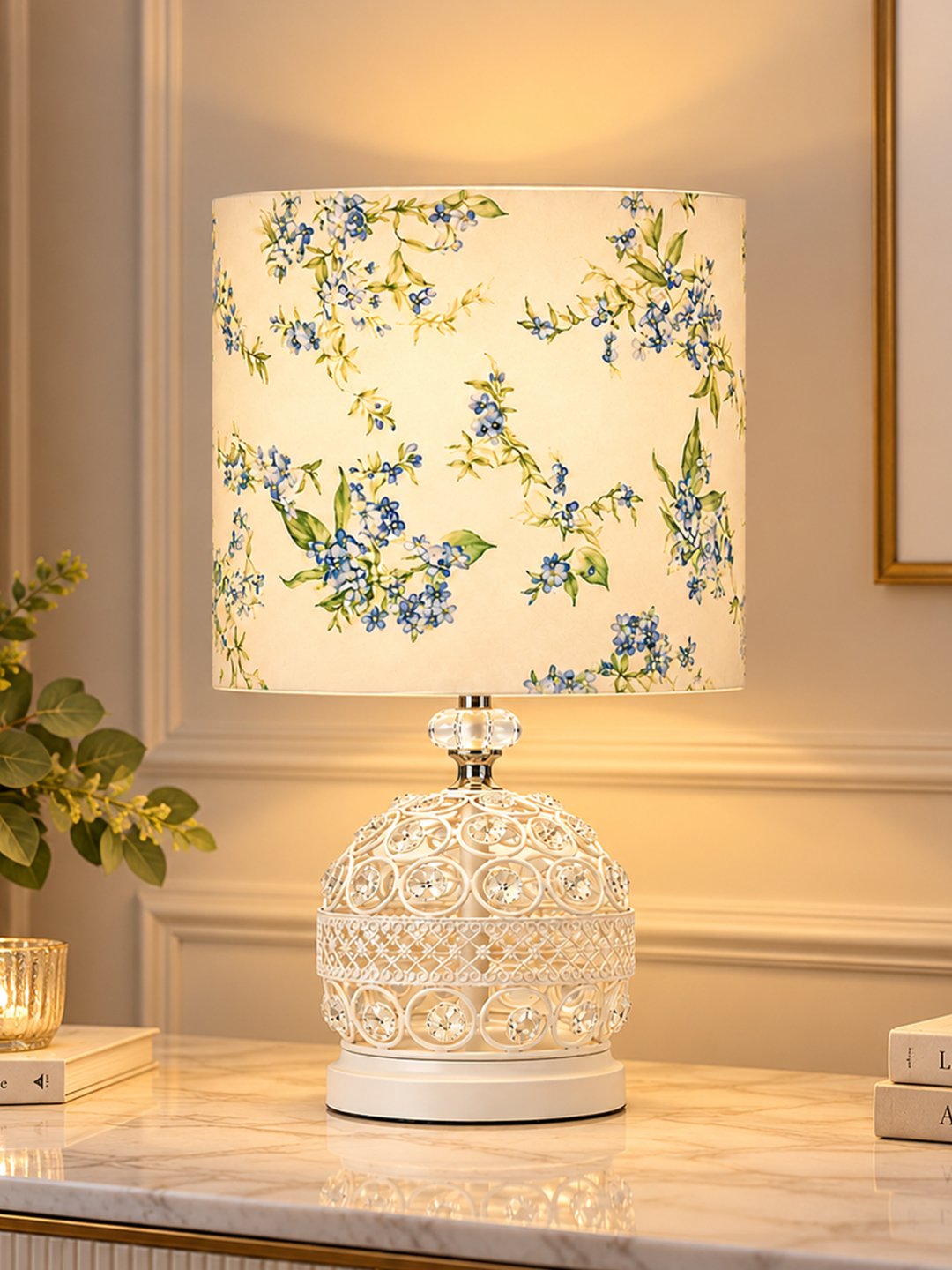 Crystal Dual-Ring Decorative Table Lamp for Bedroom with White Round Ornamental Metal Base & Printed Fabric Shade, Bedside Night Lamp for Living Room, Side Table & Home Décor